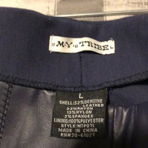 My Tribe half leather and fabric navy blue pants.